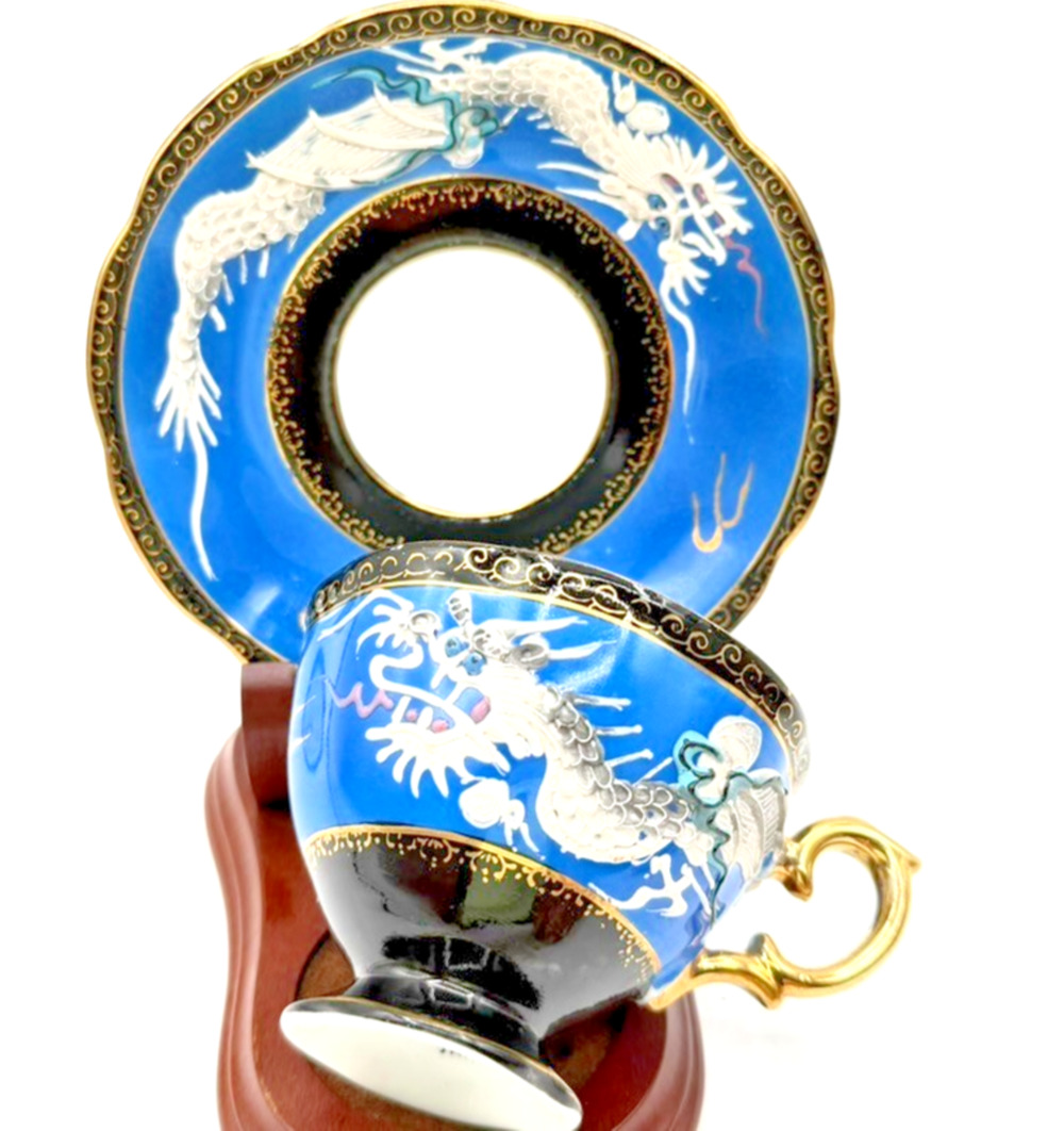 Shafford Blue Tea Cup Saucer Hand Painted Raised Oriental Dragon Moriage